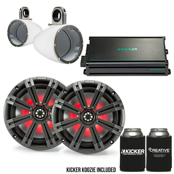Kicker 8" WhiteCharcoal Wake Tower LED Marine Speakers 1-Pair with 300 Watt Marine Amplifier