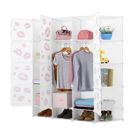 Corner Closet Shelf LANGRIA DIY Interlocking Modular Shelving Storage Organizer Closet, 12 Cubes with 12 Doors, 5 Corner Shelves, 3 Bottom Shoe Cubbies, 2 Simple Hanging Rods ()