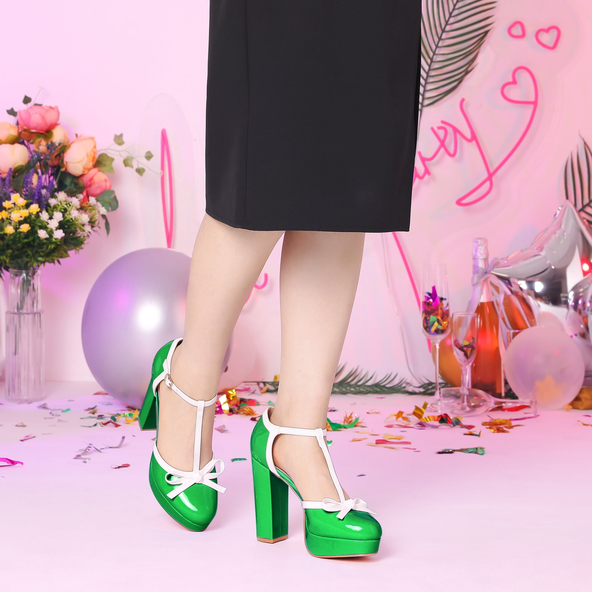DARING DIVA Women's Platform Bow T Strap Chunky Heels Pumps Lime Green 6