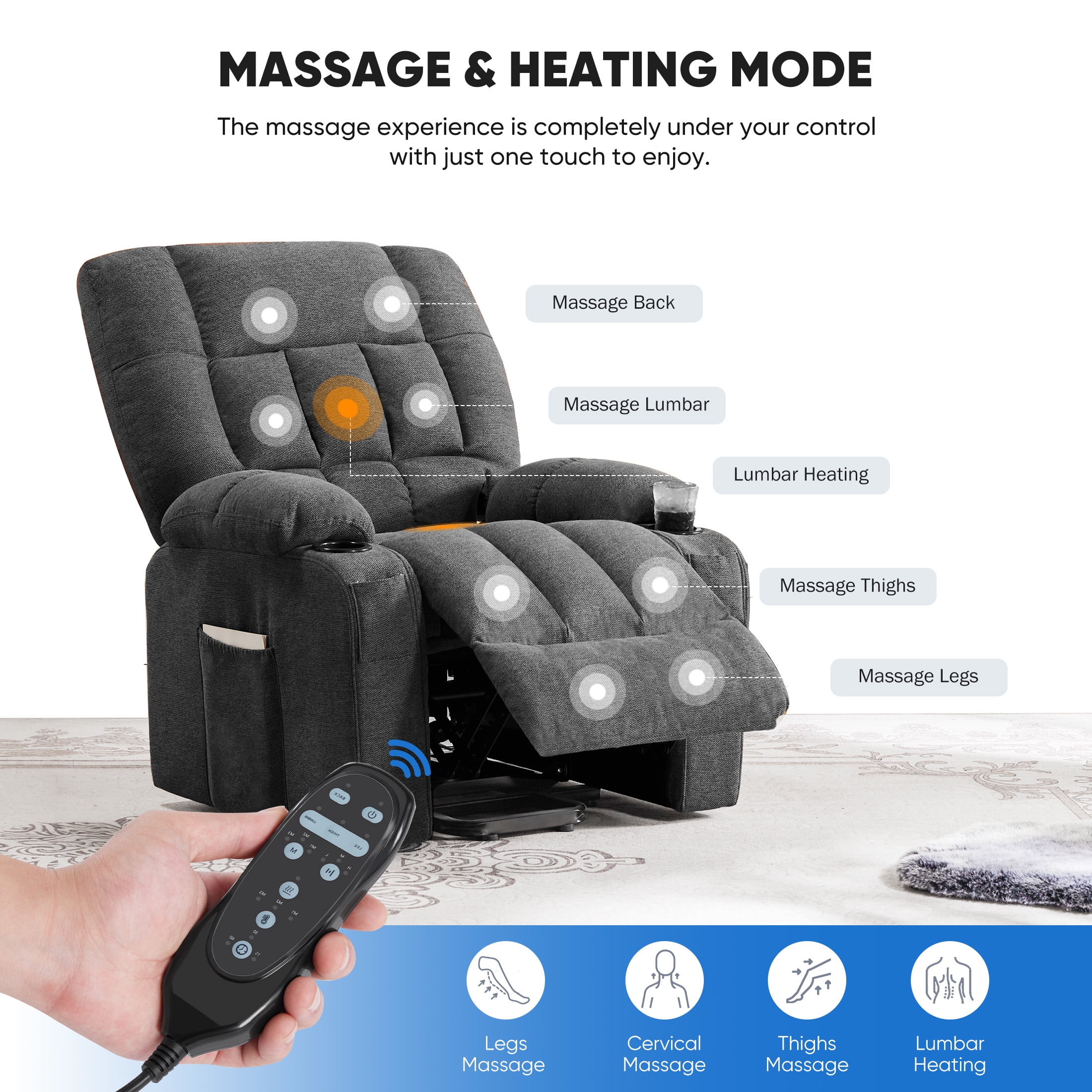 CONCETTA Indulge Adult Modern Lounge Chair Recliners with Massage and Sofa Bed, Gray