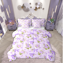 Manfei Princess Dreamy Bow Bedding Comforter Set 7-Piece for Kid, Purple Rose Flower King Bedding Sets, Kawaii Cartoon Bow Reversible Bed Sheets, Lightweight Room Decor