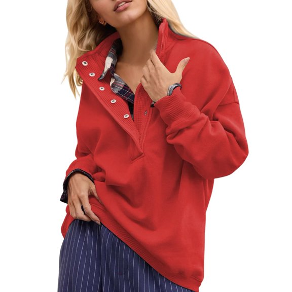 Sweatshirt for Women Oversized Casual Long Sleeve Button Henley Neck Pullover Tops Outfits Clothes Red S