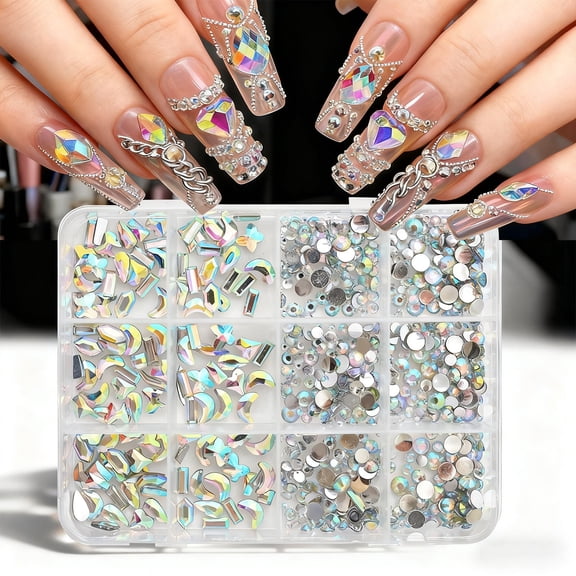 1Set 12 Grids Flat Back Nails Box Resin Nails Rhinestones for Creative Design at Home Projects