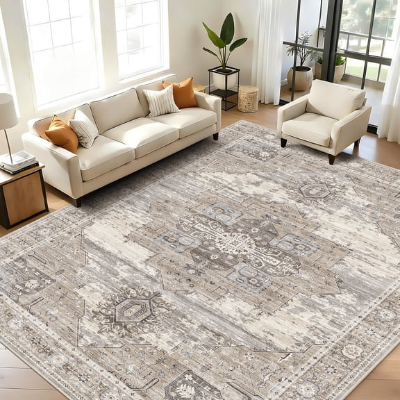 RUUGME Washable 9x12 Area Rugs - Large Rugs for Living Room Stain Resistant Carpet Vintage Rugs for Bedroom with Non Slip Backing Home Decor Floor Decoration Mat (9x12 Beige)