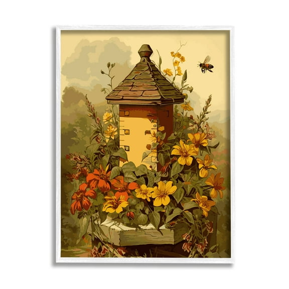 Stupell Industries Bees & Floral Architecture Botanical & Floral Painting White Framed Art Print Wall Art, 11 x 14