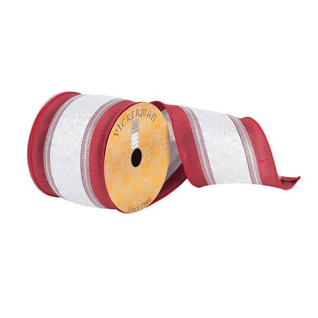 Vickerman Q181032 4 in. x 10 Yards Red Dupioni Ribbon with Silver Center Stripe