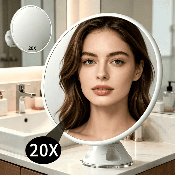 Funtouch 20x Magnifying Makeup Mirror with 360° Rotation, Powerful Locking Suction Cup Vanity Mirror, White