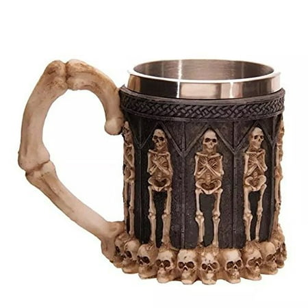 QNDREZ Ossuary Style Stainless Steel 3D Skull Skeleton Tankard Drinking Tea Water Coffee Mug Cups for Halloween Bar Party