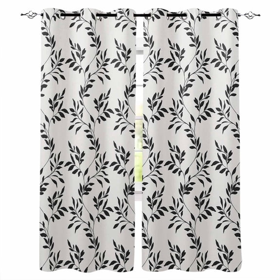 Black Leaves Blackout Curtains 54 Inch Length 2 Panels Set for Living Room Bedroom, Vintage Leaf Botanical Minimalist Art Room Darkening Window Curtains Thermal Insulated Black Out Curtain 52"x54"