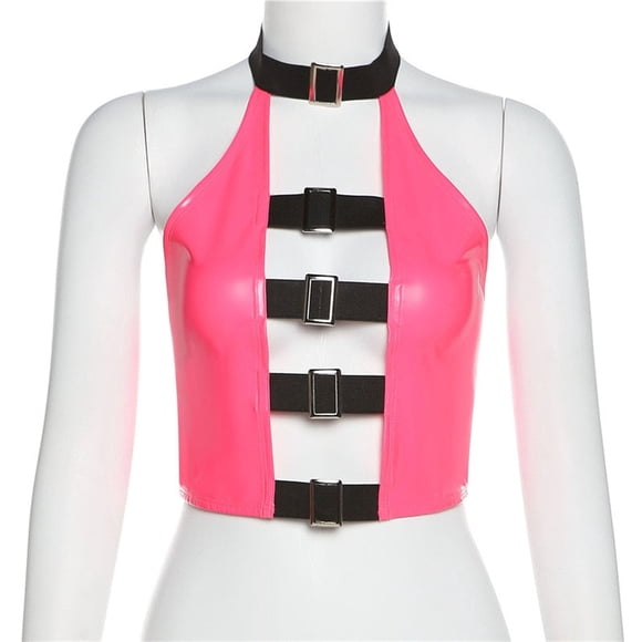 Women Club Wear Rave Outfit Festival Clothing Backless Halter Tank Top Buckle Sexy Crop Top