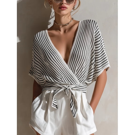 Womens Wrap Tops Summer Lightweight Cardigan Sweater Deep V-Neck Spring Causal Cross Tie Striped Blouses Clothes Black M
