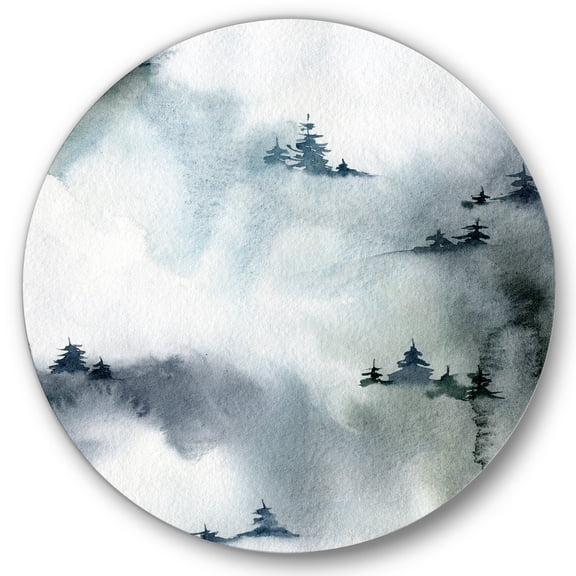 Designart 'Minimalistic Snowy Fir Trees With Winter Forest' Modern Circle Metal Wall Art 36x36 - Disc of 36
