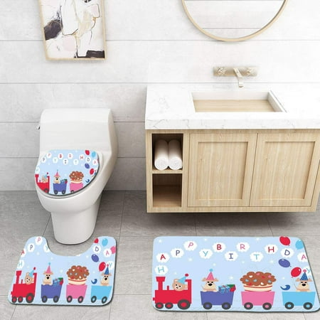 GOHAO Birthday Kids Baby Bear Dog in Train Balloons Clouds on Light Blue Backdrop 3 Piece Bathroom Rugs Set Bath Rug Contour Mat and Toilet Lid (Best Way To Toilet Train A Dog)