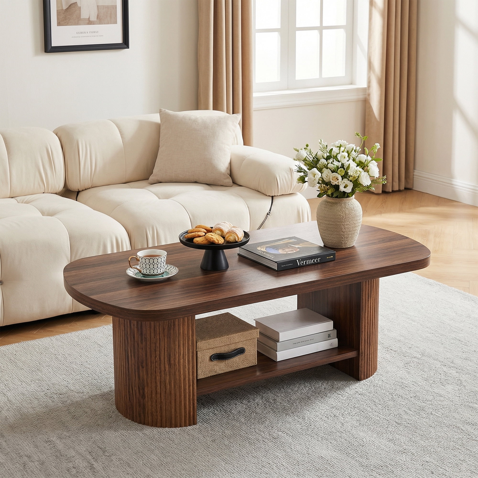 MAYEETY 45 Inch Modern Oval 2-Tier Coffee Table Fluted Base Storage Living Room Table