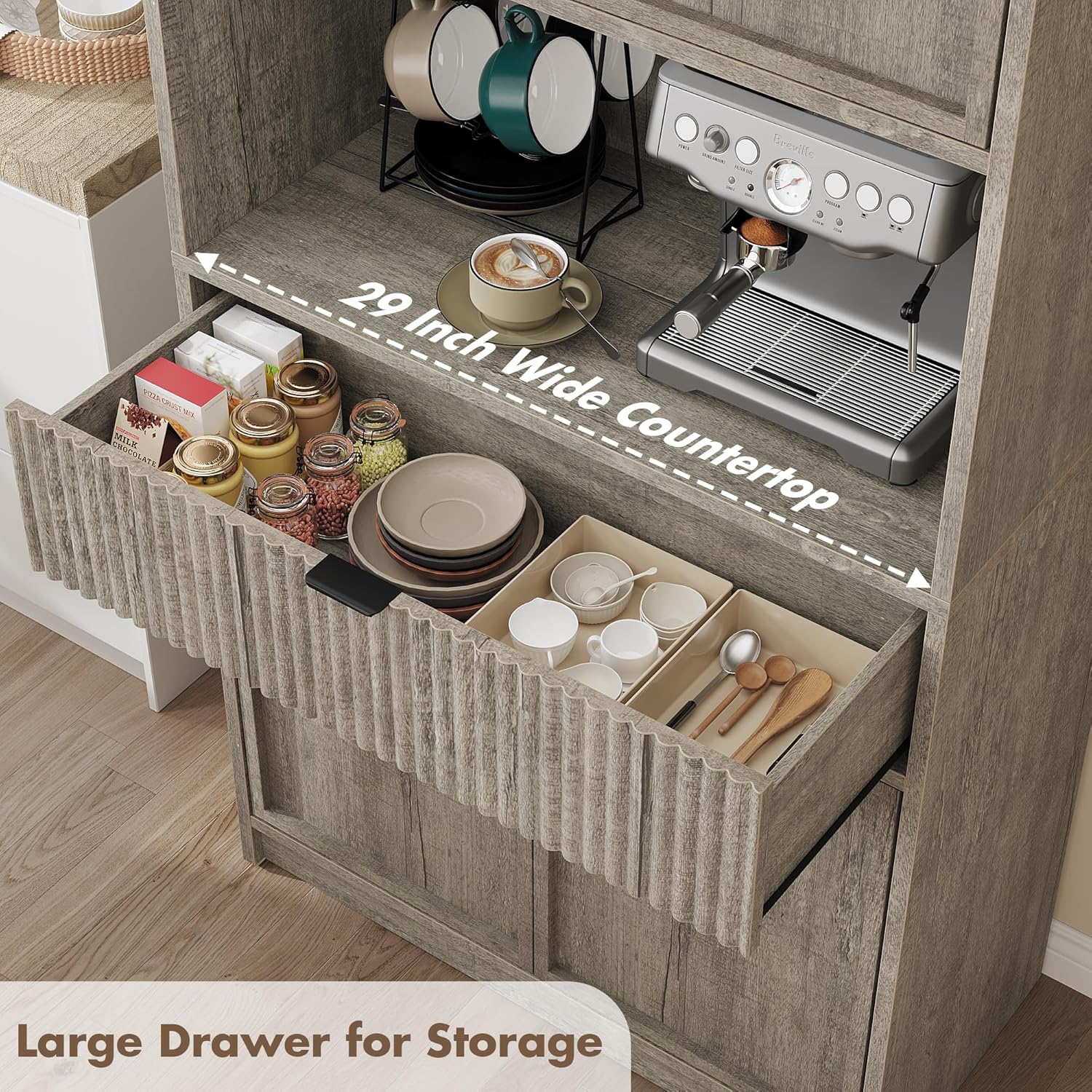 Tall Kitchen Pantry Cabinet, 70" Storage Cabinet with Countertop Shelf and Drawer, Freestanding Fluted Kitchen Hutch Cupboard for Dining Room, Living Room，Grey
