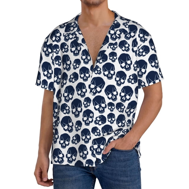 Balery black Skull white Camisa Casual de Manga Corta con Botones para Hombre, Texturizada, Estilo Cubano, para Playa, Verano-XX-Large