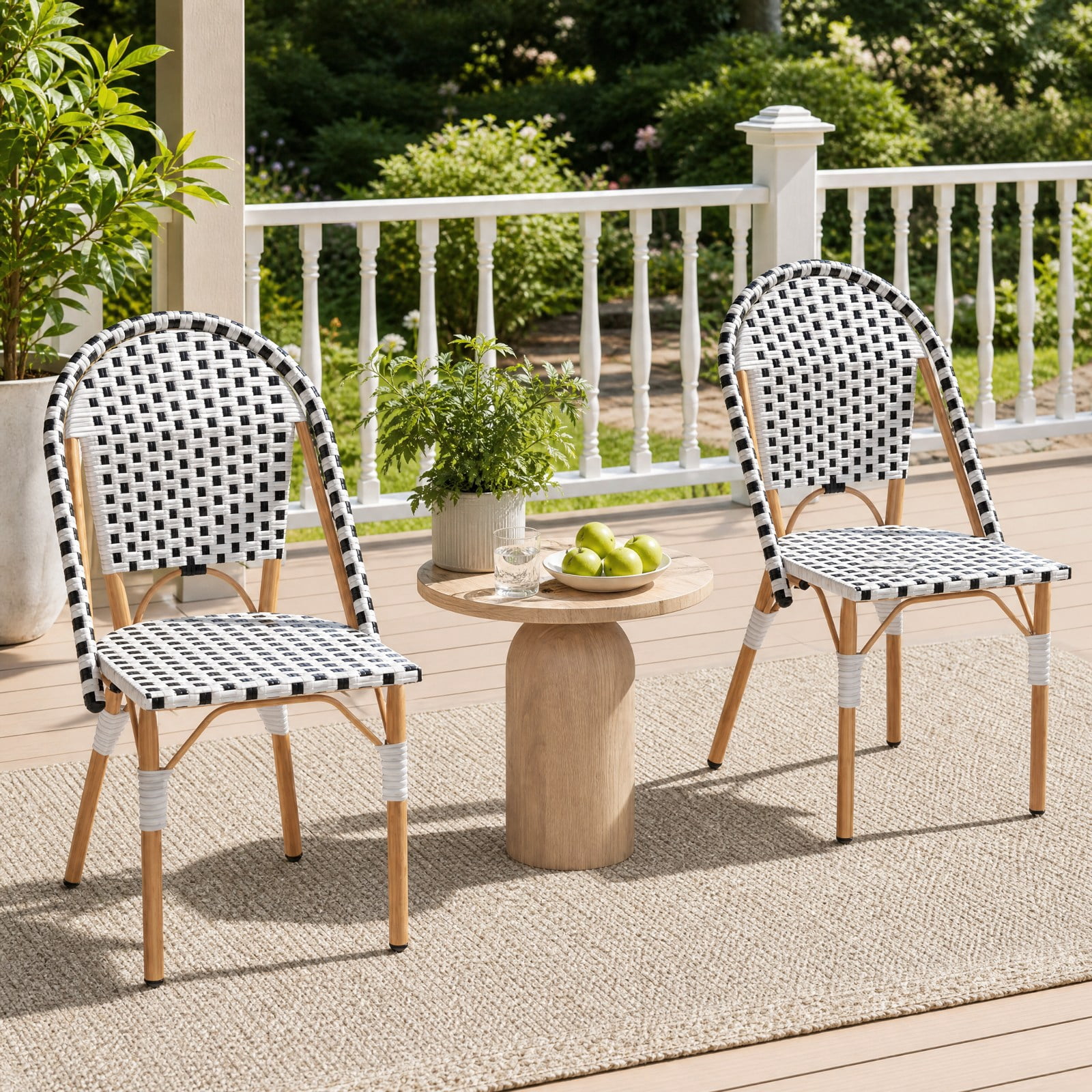 Furnibear French Bistro Chair Set of 2 with Hand-Woven PE Rattan Seats and Galvanized Metal Frame for Patio Garden and Balcony, White