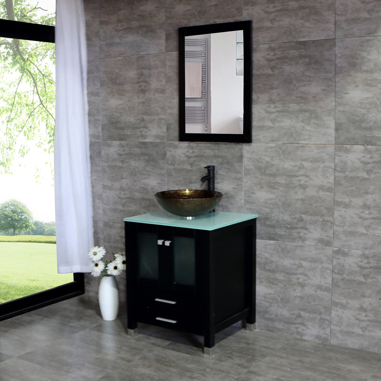 24" Vessel Sink Bathroom Vanity w/Mirror & emepered