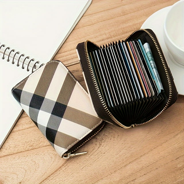 Plaid Pattern Credit Card Holder, Stylish Zipper Around Coin Purse, Faux Leather Shorts Wallet Unisex Bag For Daily Use