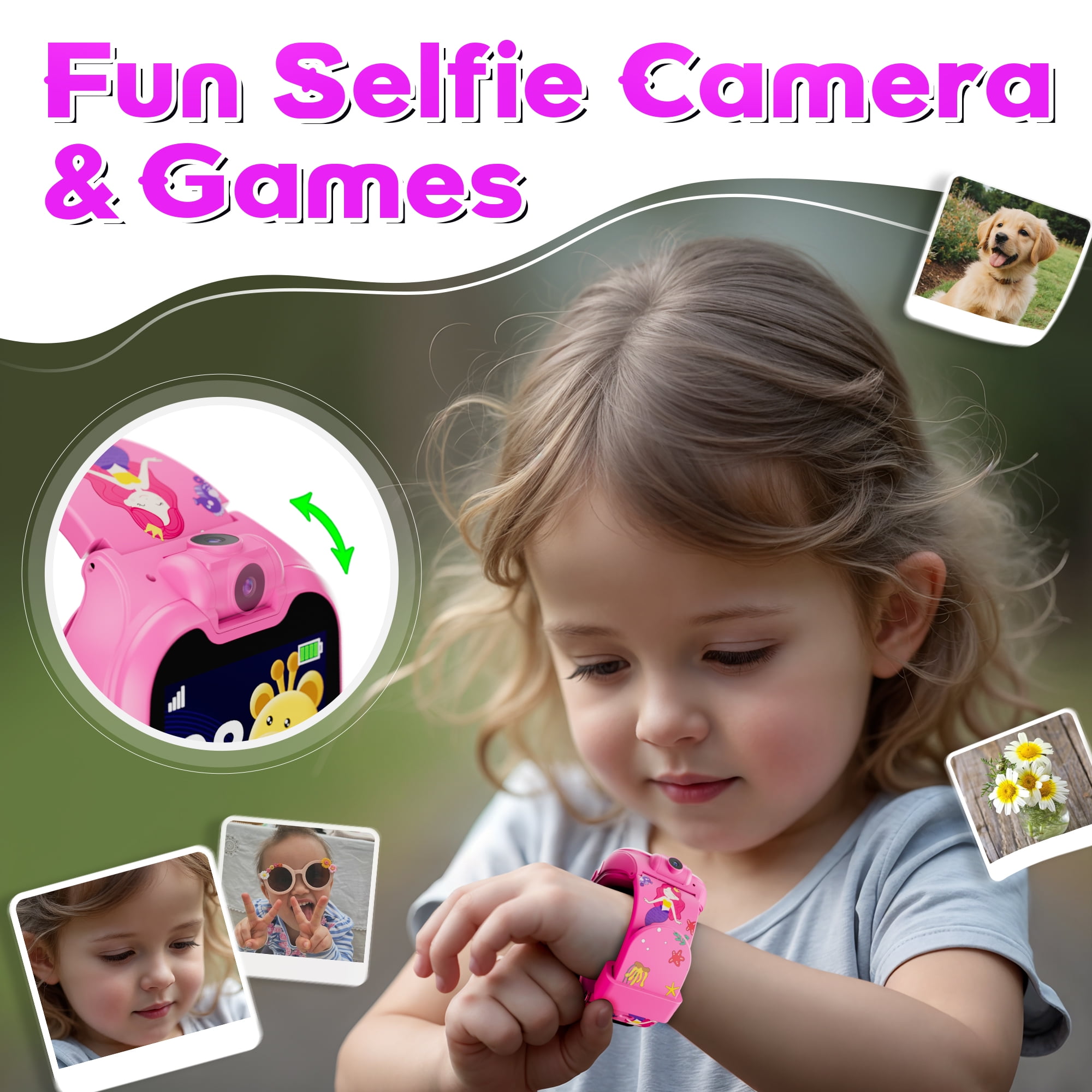 Contixo Kids Smart Watch with 1.54” HD Touch Screen, Kids Watch with 16 Educational Games and Rotating Camera, Pink