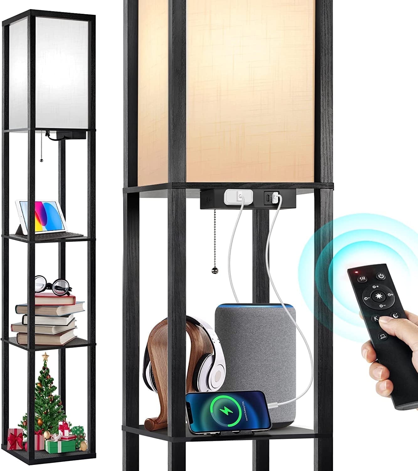 OUTON Floor Lamp with Shelves and Charging, 63.7'' Dimmable Standing Tall Wood Shelf Lamp with Remote for Living Room, Bedroom, Black