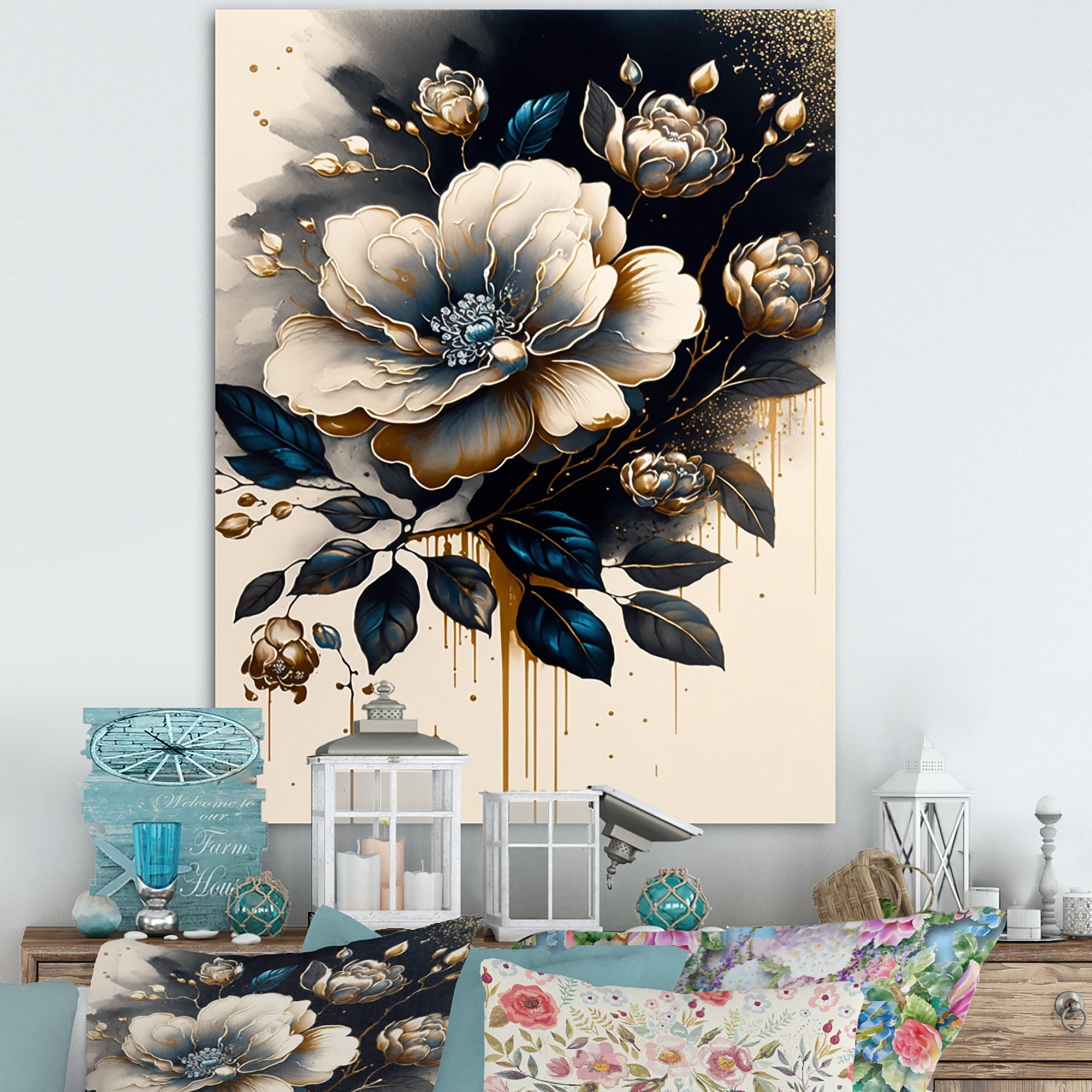 Designart Black And Gold Camellia Bouquet II Canvas Wall Art