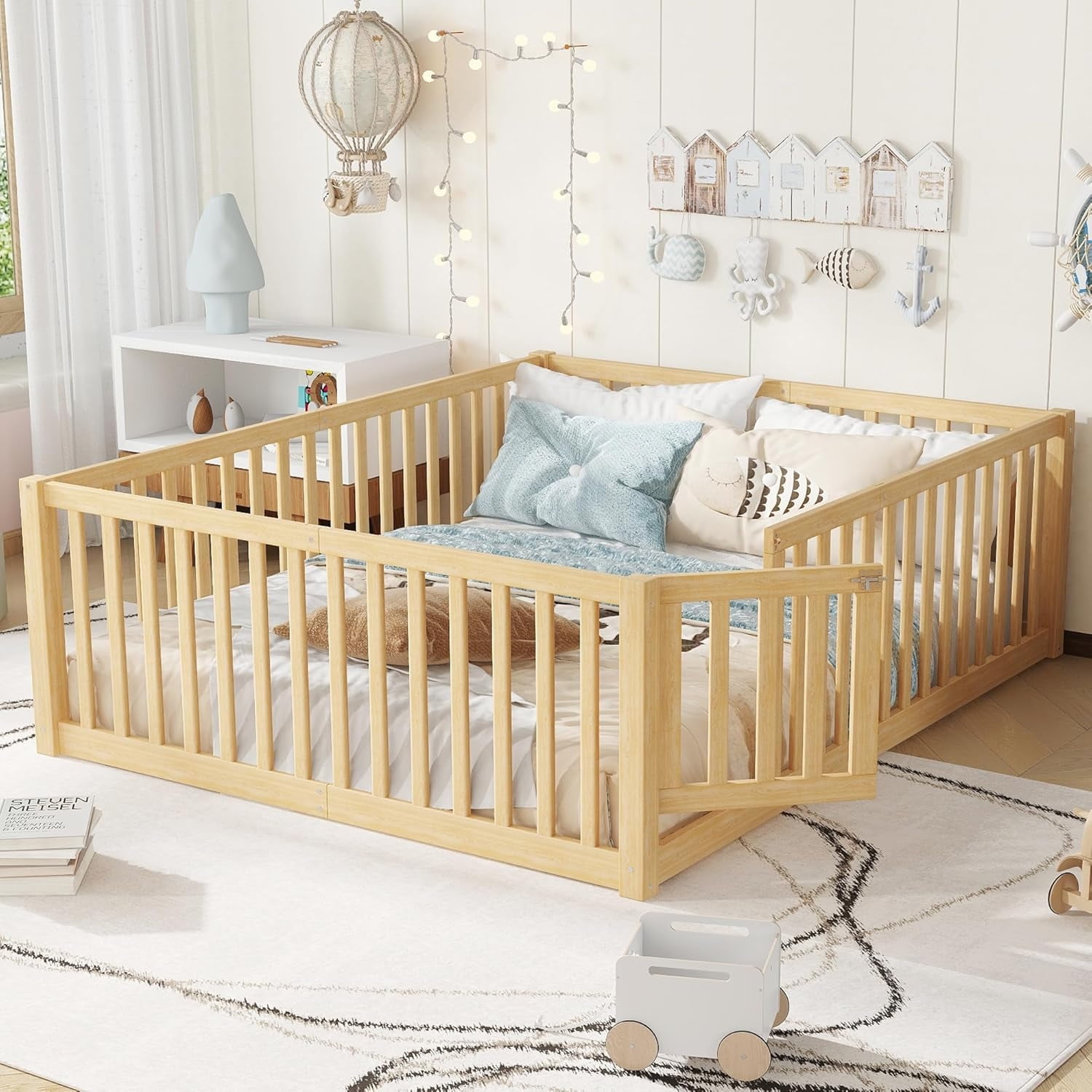 Bellemave Full Montessori Bed Frame, Wood Full Size Floor Bed with High Fence Rails, Full Beds Frame for Bedroom Playroom(Natural)