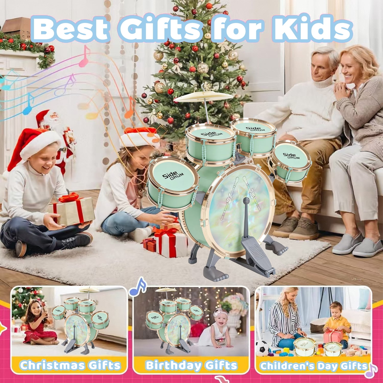 Aijohnny Toddler Light Jazz Drum Set, Musical Kid Drum Set with Stool, Pedal & Drumsticks, Birthday Gifts for Kids 1-3 3-5 5-8 Years Old