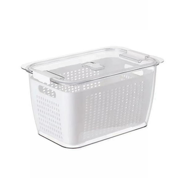Draining Basket 2 Layer Japanese Style Kitchen Refrigerator Vegetable Storage Box with Filter , Plastic Fresh Produce Saver Keeper for Vegetable Fruit Berry Salad Lettuce[White 1.7L]