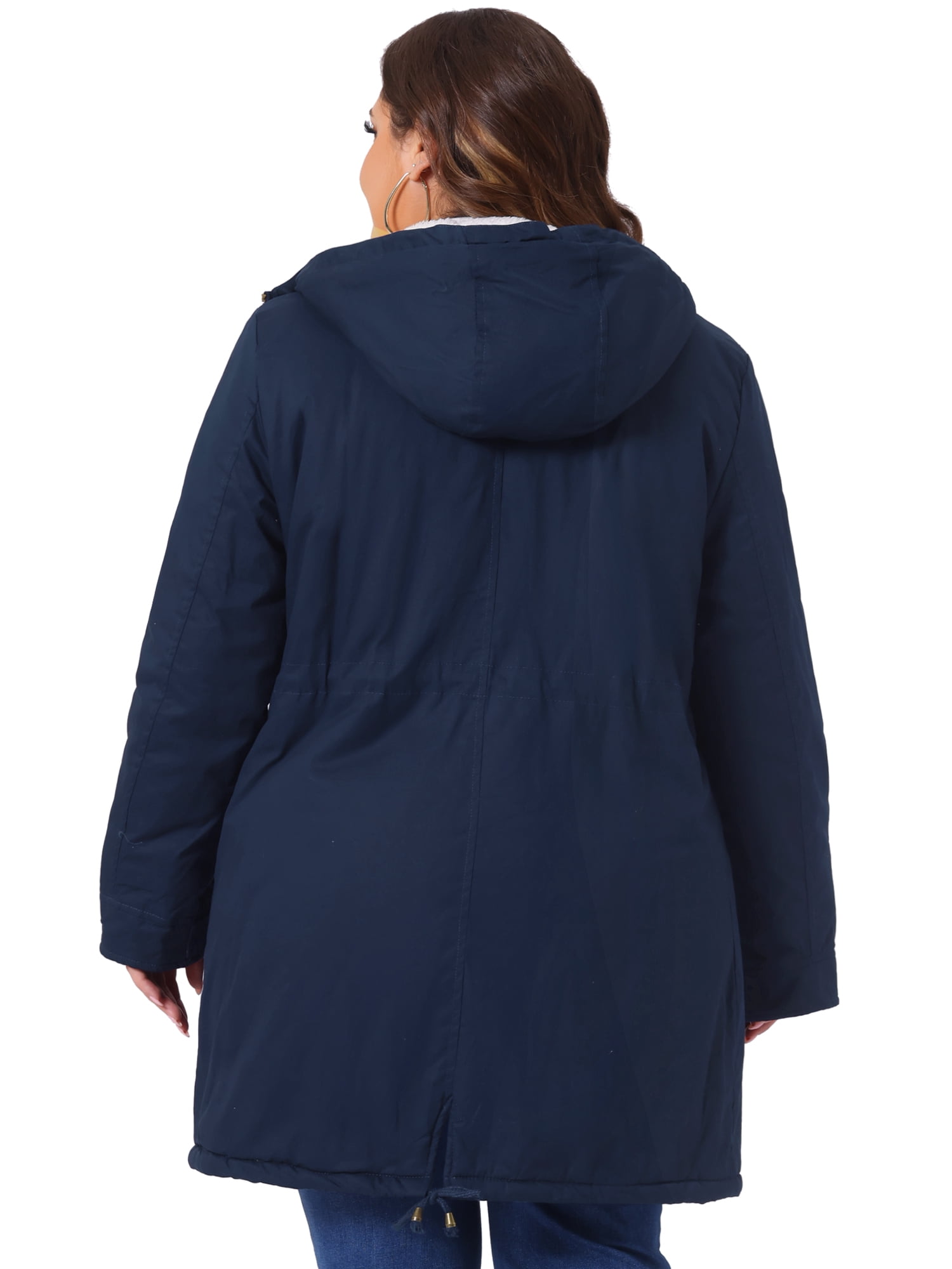 DARING DIVA Women's Plus Size Faux Fur Lined Long Anorak with Hood 1X Navy Blue