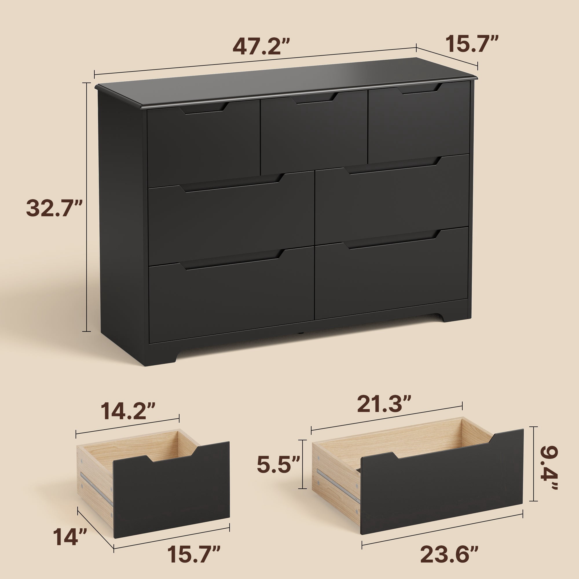 7 Drawers Dresser, 47" Wide Chest of Drawers with Handle Free Design, Modern Storage Organizer with Metal Handles, for Bedroom, Living Room, Hallway, Office, Entryway, Black