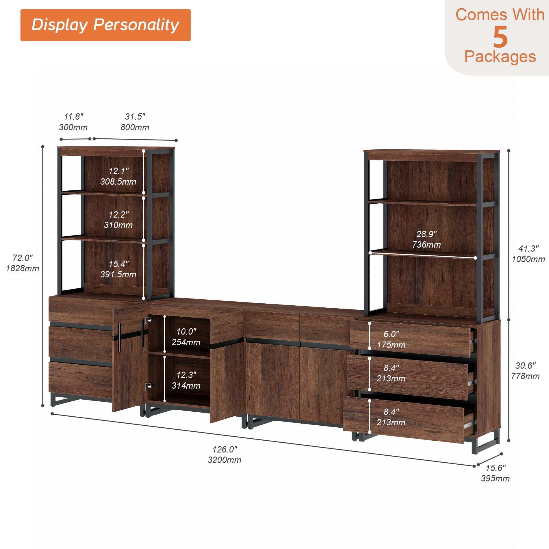 WAMPAT 4-Piece 72" Tall Modern Wood Bookcase with 6 Drawers & Adjustable Shelves, Freestanding Library Bookshelf with Storage Cabinet & Open Shelving for Home Office, Living Room, Brown