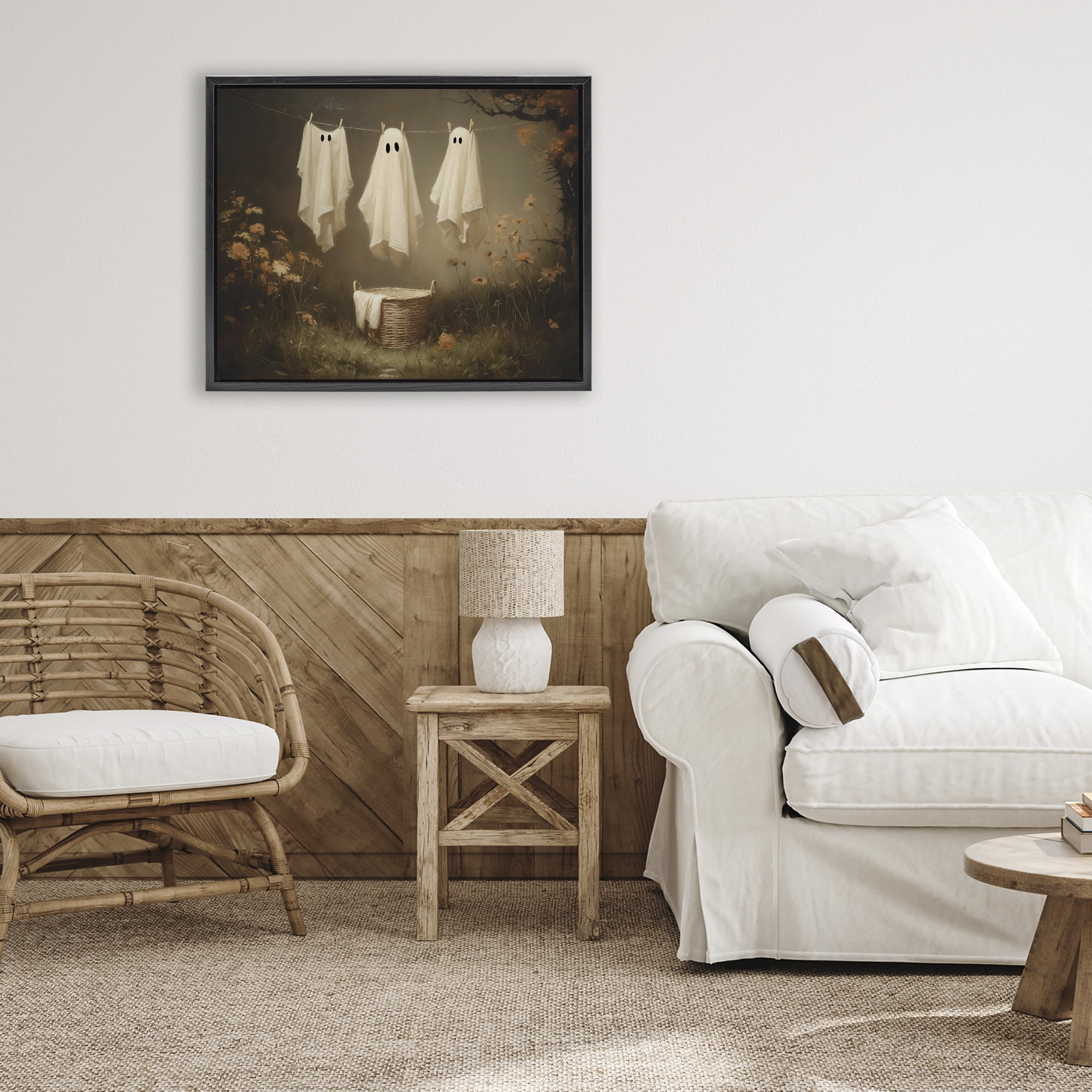 Three Laundry Ghosts Hanging Black Framed Floater Canvas Wall Art, design by Arlington Prints