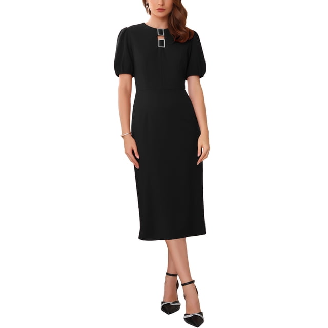 VESTIDO FORMAL DE MUJER INSPIRE CHIC CON MANGAS ABULLONADAS Y CUELLO REDONDO CON ABERTURA, VESTIDOS PENCILES MIDI XL NEGRO