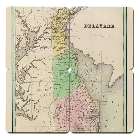 Torched Delaware Old World Map 4 Piece Coaster 4"x4"x.25 Multicolor