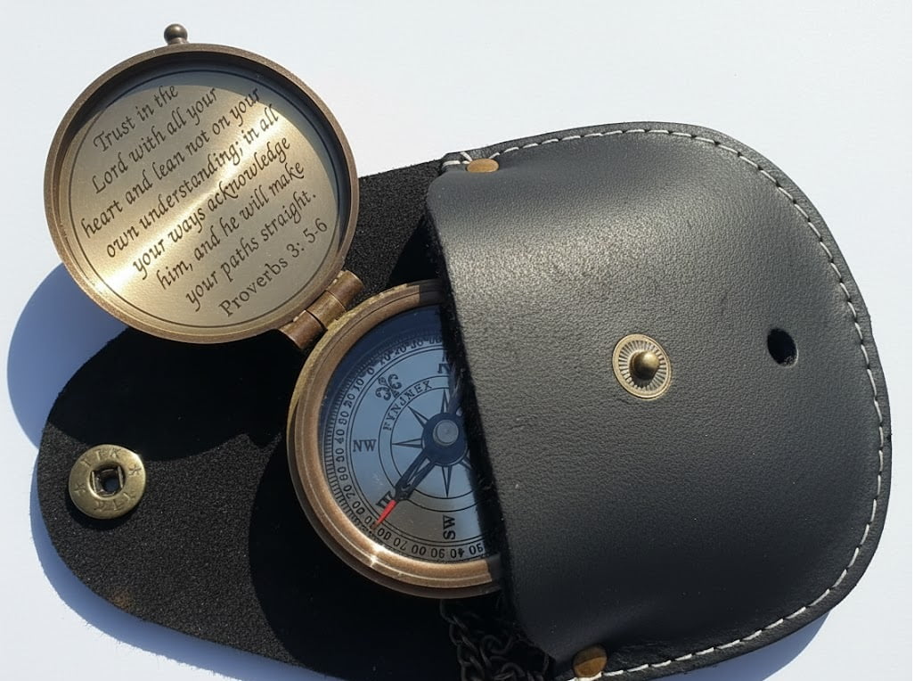 Brass Pocket Compass with Engraved Proverbs 3:5-6 and Leather Case