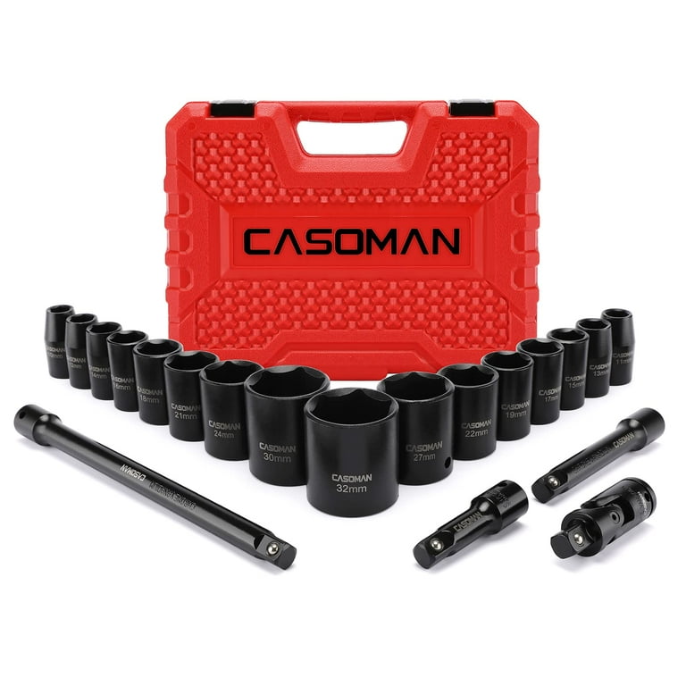 CASOMAN 1 2 inch Drive Shallow Impact Socket Set Metric 10mm 32mm CR V 6 Point 20 Piece 1 2