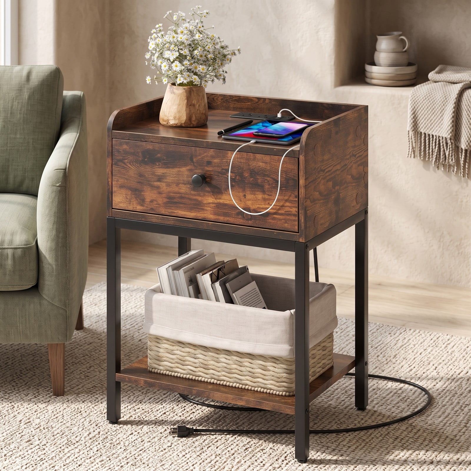 Furnibear Industrial Nightstand with Charging Station and Drawer for Convenient Bedside Storage in the Bedroom and Living Room, Rustic Brown