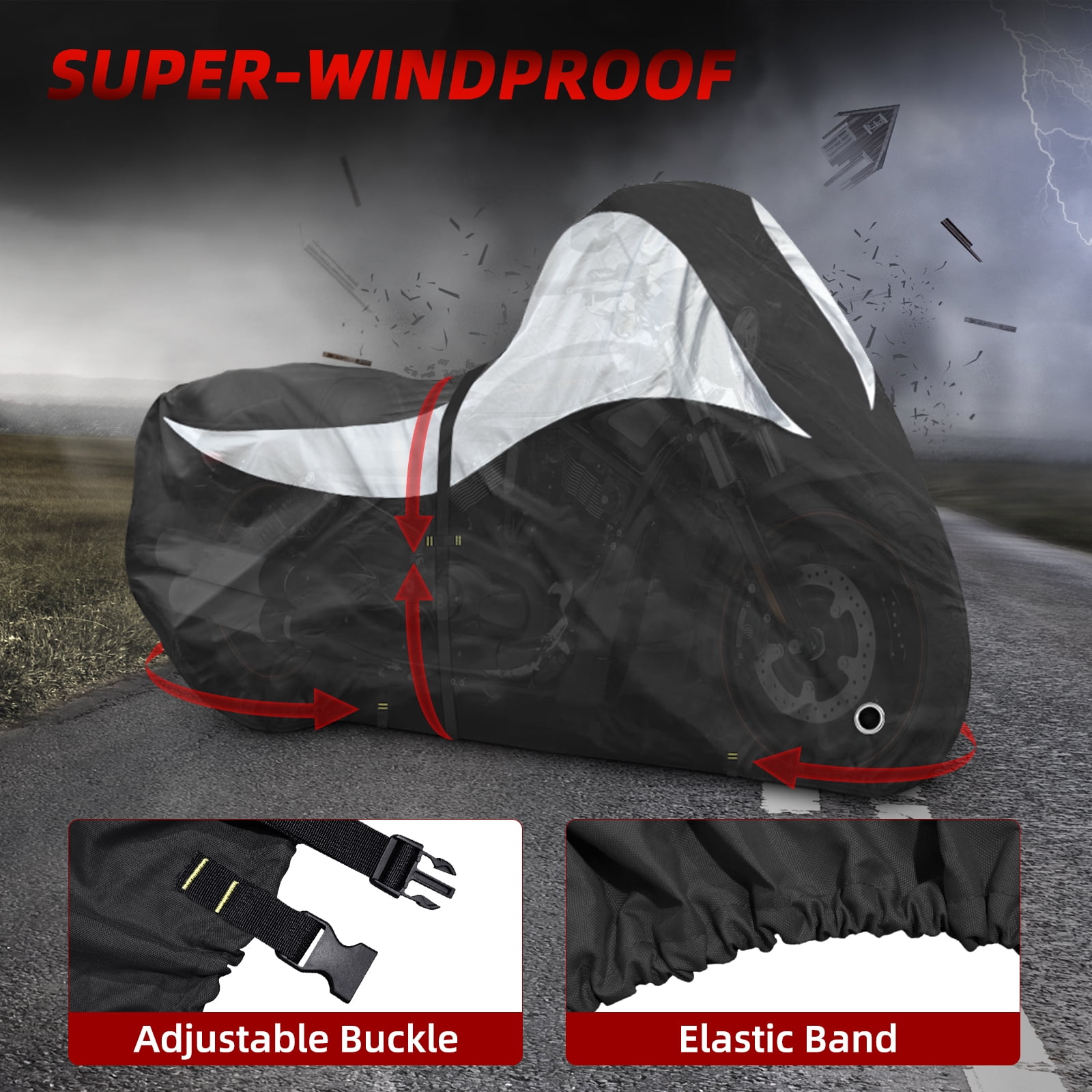 600D Motorcycle Cover, Heavy Duty Waterproof Motorcycle Covers Outdoor Storage with Lock-Holes Compatible with Harley Davidson, Honda, Suzuki, Yamaha (Side+Top Box)