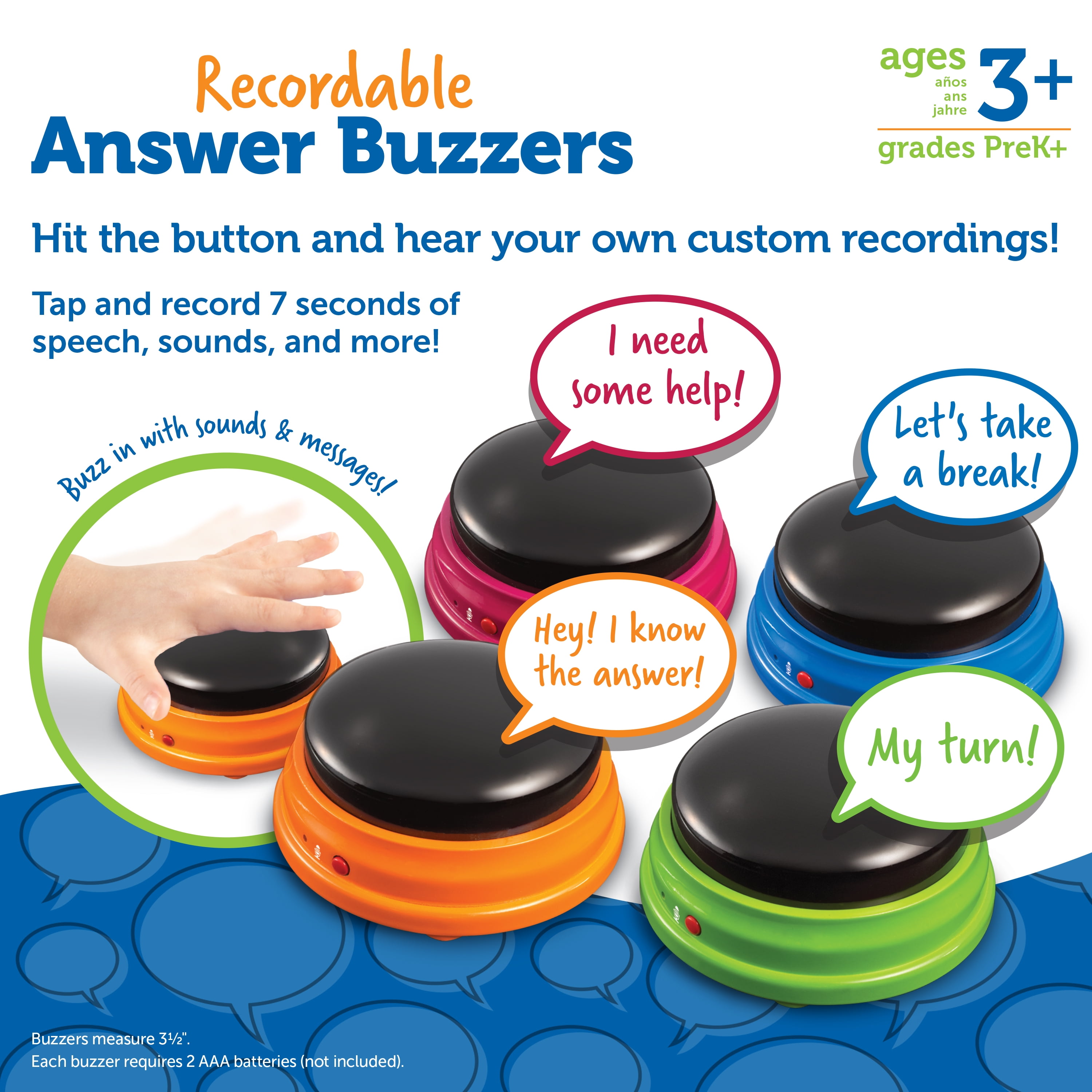 Personalized Sound Buzzer Set of 4 Perfect for Game Nights Learning Resources Recordable Answer Buzzers Recordable Buttons Ages 3+ 
