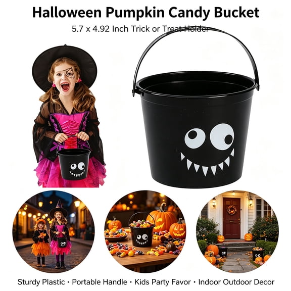 1 Pc 6" Black Halloween Trick or Treat Bucket, Halloween Lantern Candy Basket, Trick or Treat Pumpkin Pails Cauldron Kettle Candy Holder, Halloween Party Supplies Plastic Halloween Bucket