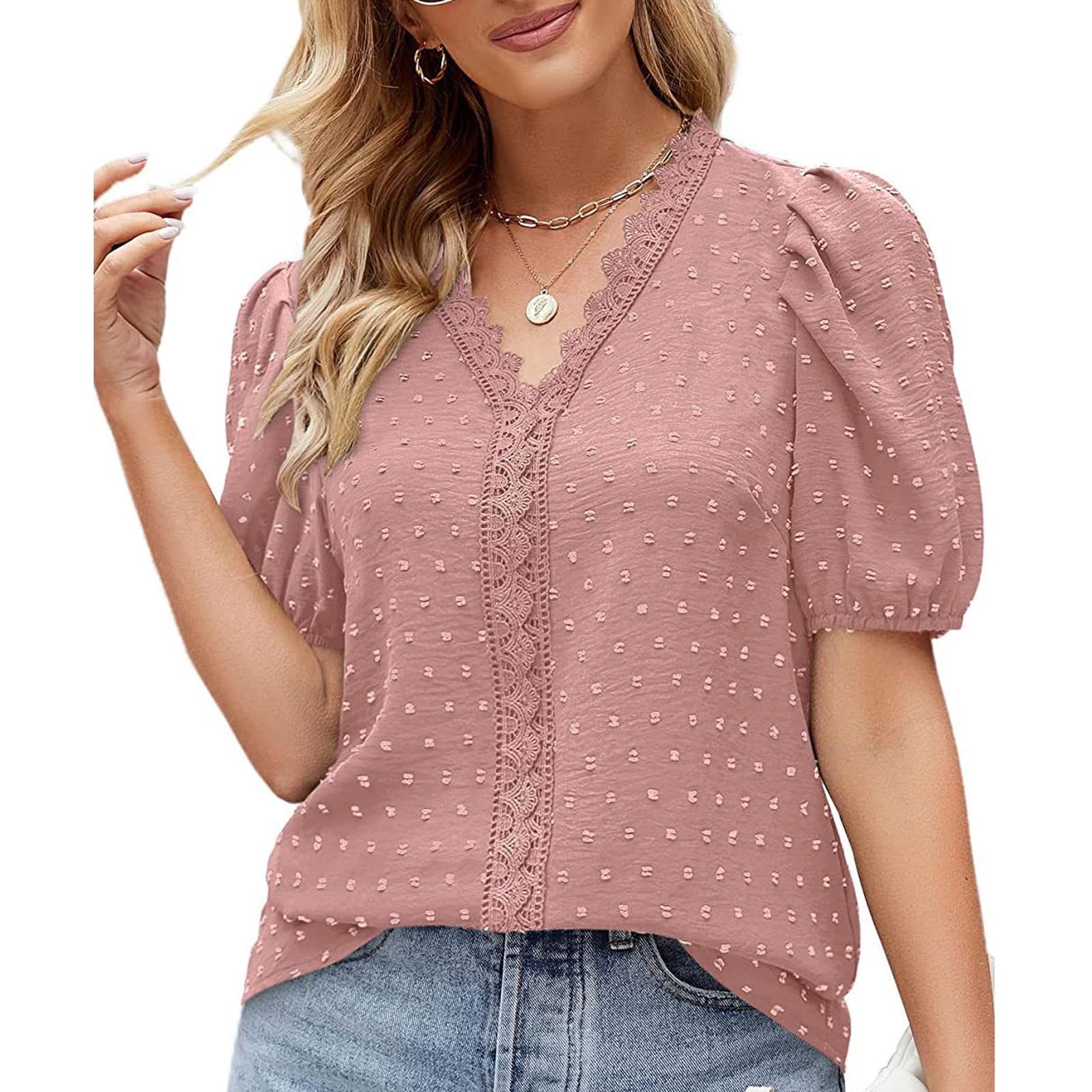 Vivianyo HD Women's Summer Tops on Clearance Women Casual Printing  Round-Neck Lace Hollow Out Short Sleeve Pullover Slimming Blouse T-shirt  Tops