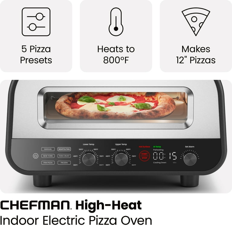 Crispy crust countertop pizza maker, heats up to 800°F, 12 inch ceramic stone, dual temperature control knobs, bamboo peel included Crispy crust countertop pizza maker, heats up to 800°F, 12 inch ceramic stone, dual temperature control knobs, bamboo peel included