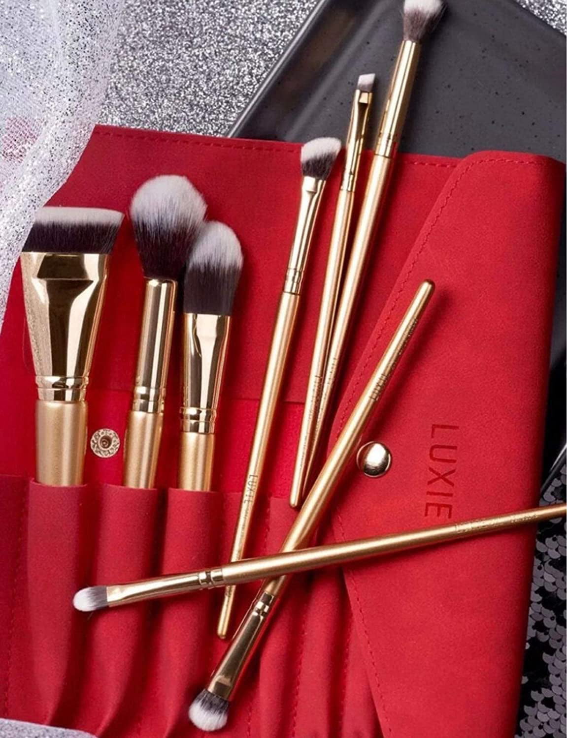 LUXIE Glitter and Gold 8 Piece Brush Set with Red Brush Case