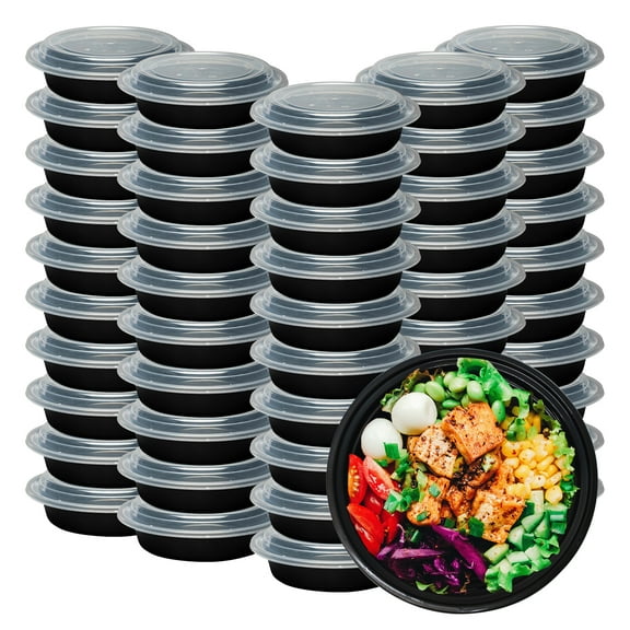Klex Meal Prep Containers with Airtight Lids, BPA Free, 32 oz, Round, Black/Clear, 150 Sets