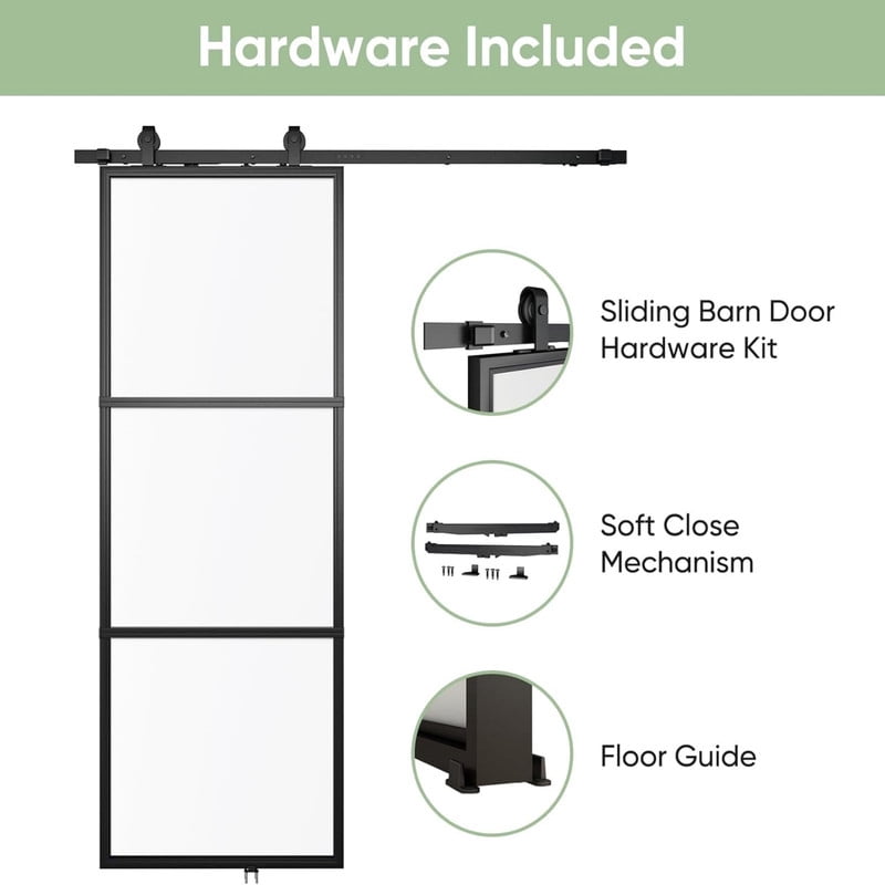 Easy4Home 28"x84" Frosted Glass Sliding Barn Door with Track and Hardware Kit