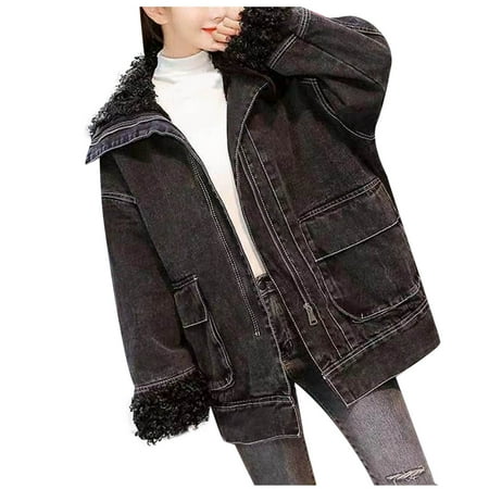 

Women Black Sherpa Fleece Lined Denim Jacket Lapel Long Sleeve Oversize Faux fur Coats Parka Outerwear
