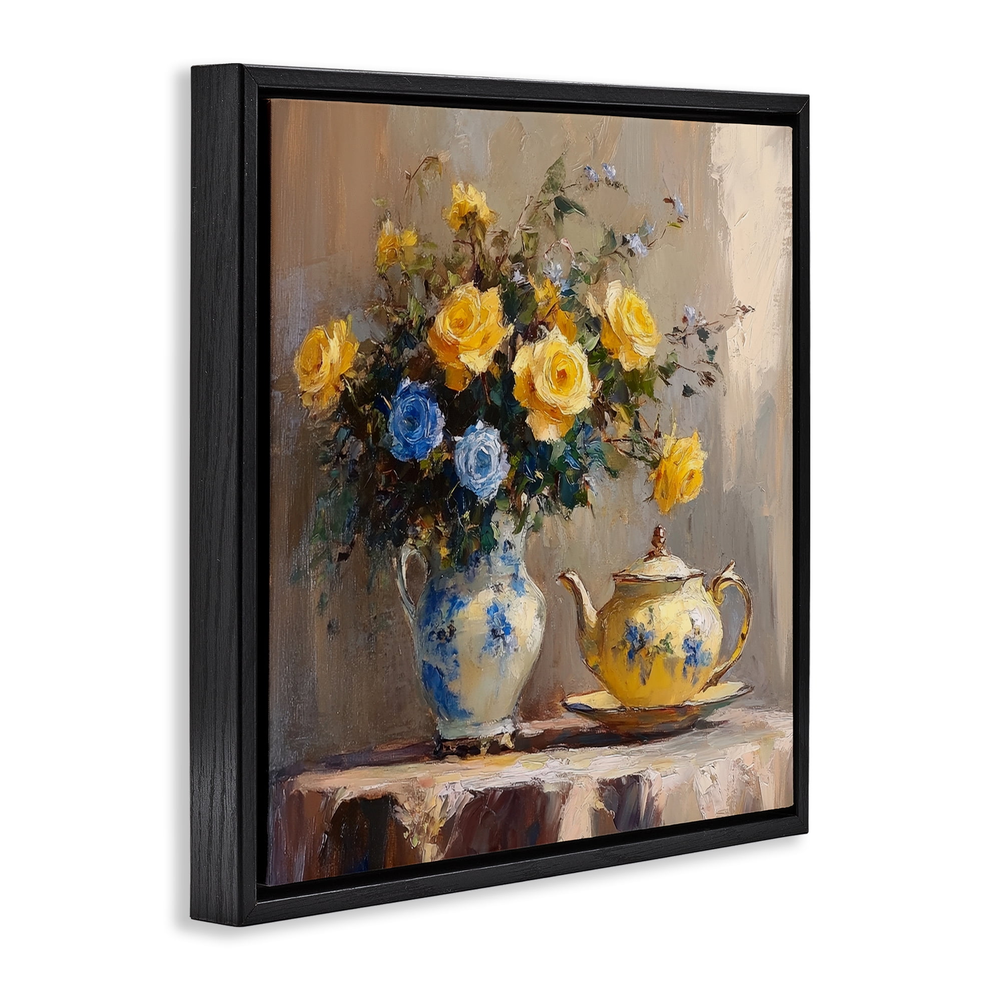 Stupell Industries Tea Time Blue & Yellow Bouquet Black Framed Floater Canvas Wall Art, design by Petal Prints Design