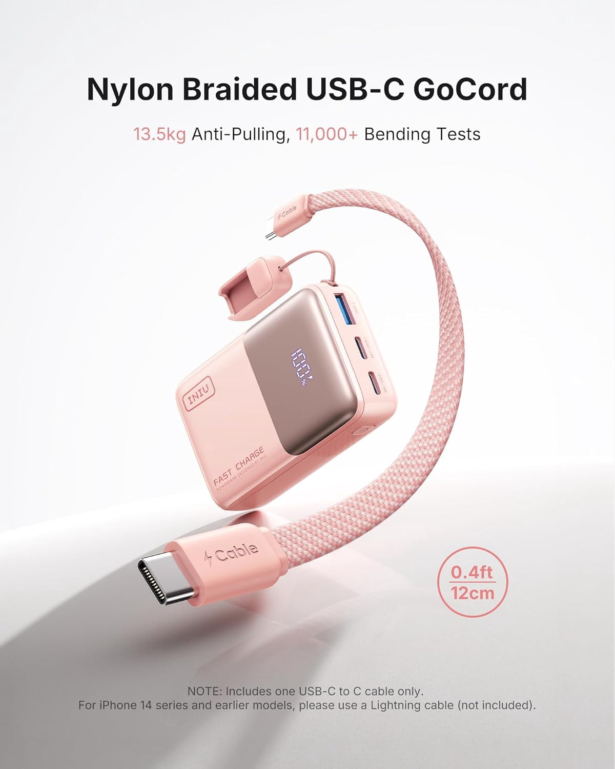 INIU Portable Charger, Ultra Mini 10000mAh 45W Fast Charging with Detachable Cable, Flight-Safe Travel USB C Power Bank for iPhone 17 16 Samsung S26, Google Pixel iPad etc, Pink