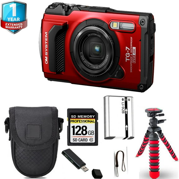 Olympus OM SYSTEM Tough TG-7 Digital Camera (Red) Spider Tripod 1 Yr Warranty - 64GB (International Version)